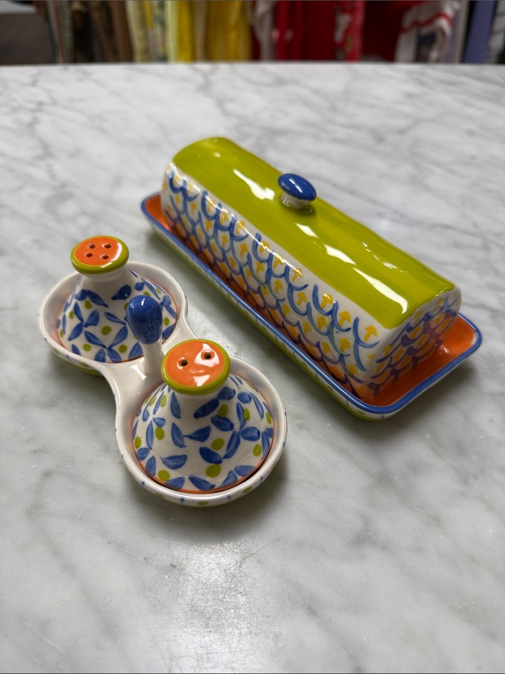 Anthropologie Tortua Colorful Salt & Pepper Shakers and Lidded Butter Dish